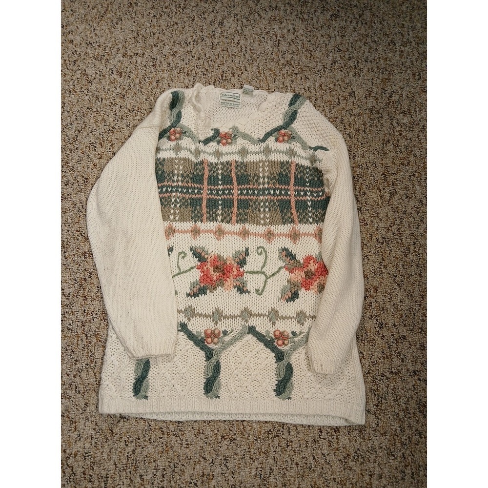 Shenanigans VTG‎ Sz SMALL Hand 3D Knit Crochet  Grandmacore White Sweater!!